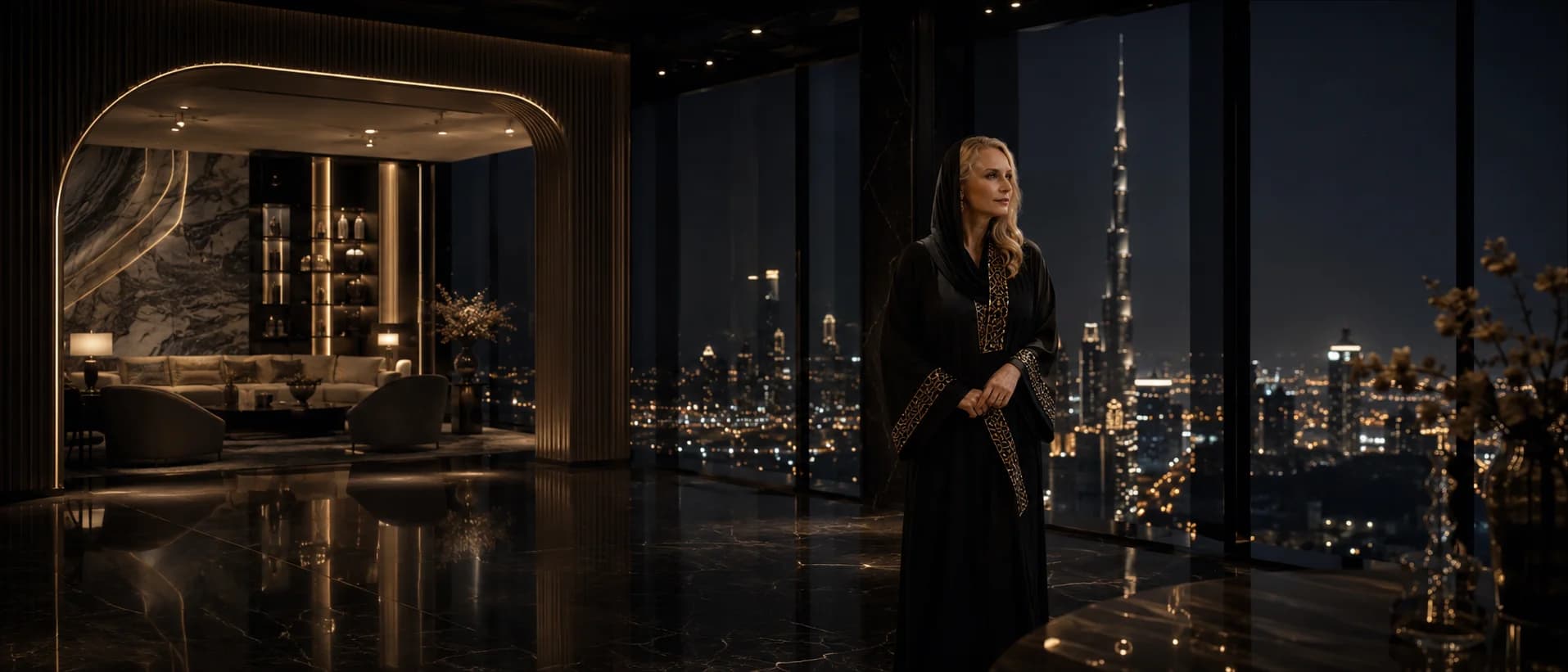 Elegant night view from luxurious apartment — dramatic city lights and cinematic ambiance