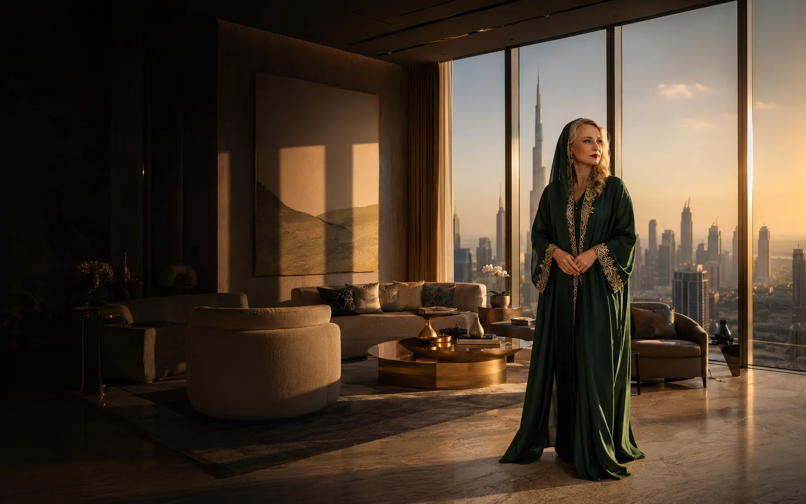Maryam Kavyani in a luxury Dubai penthouse — warm interiors with panoramic skyline at golden hour
