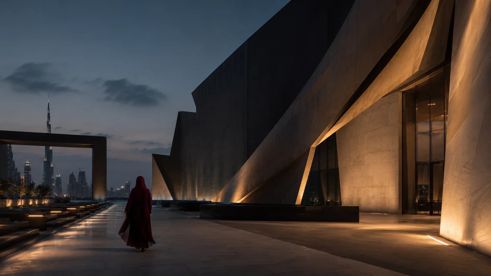 Serene architectural space bathed in warm sunset light
