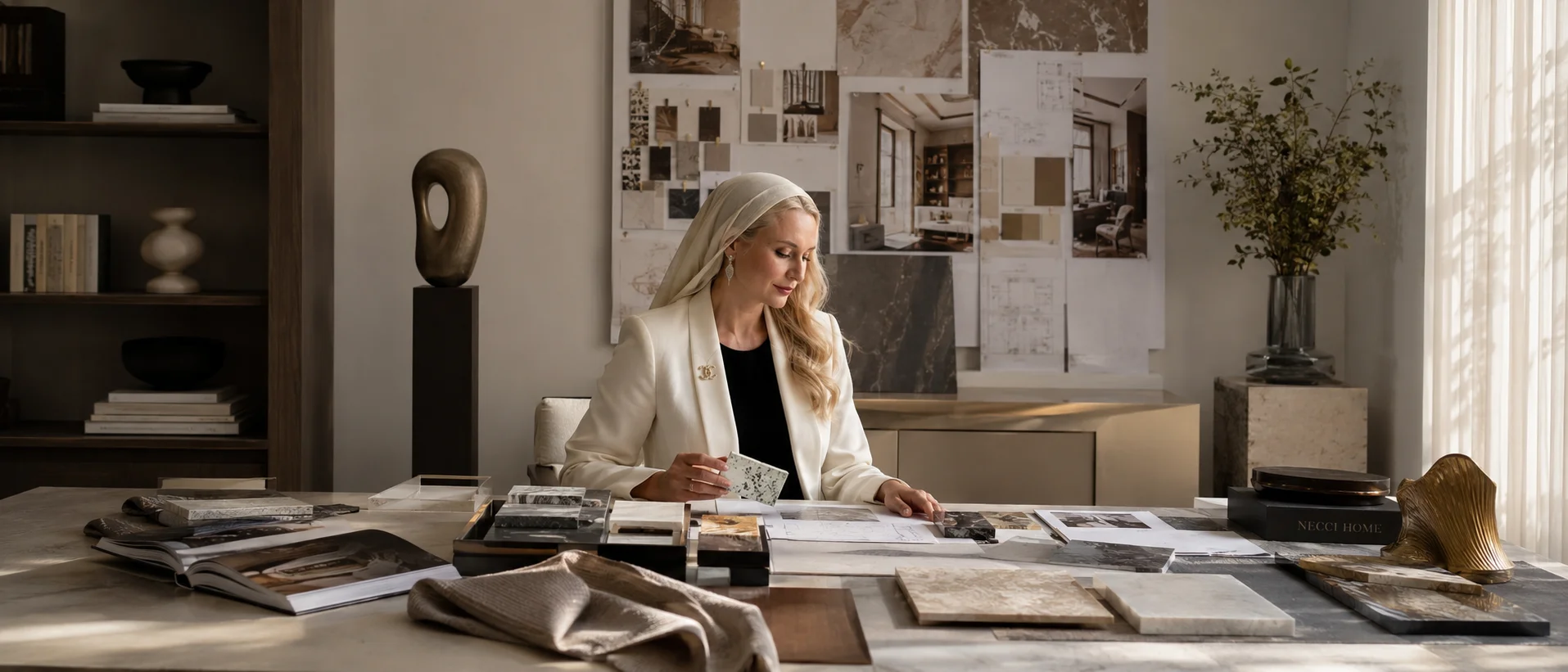 Maryam Kavyani at her materials desk — selecting luxury finishes in her design atelier